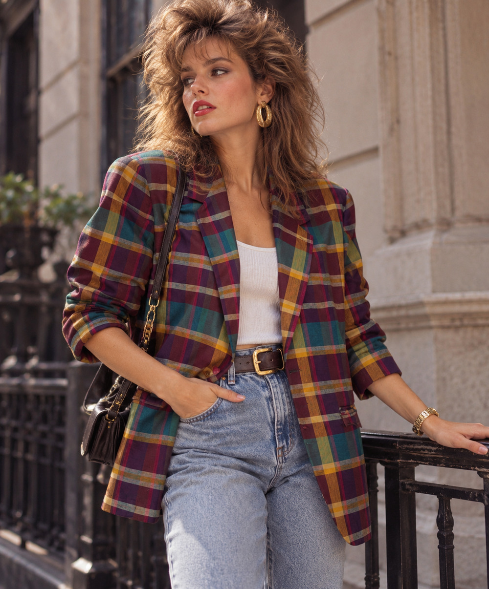 Womens Vintage 80s New Wave Capezio Madras Plaid Cotton Blazer Green Red Large